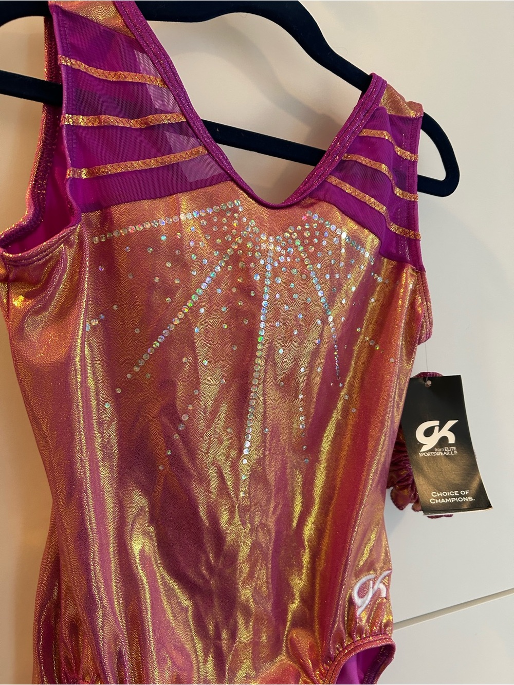 NWT GK® Girls' Shimmer Pink Gymnastics Leotard with Rhinestone Design - Size AM - Picture 3 of 12